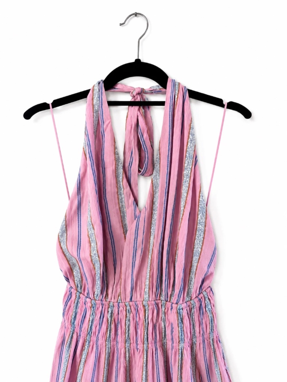 Day + Moon Pink Striped Halter Tiered Mini Dress Open Back – Size Small - Picture 3 of 5
